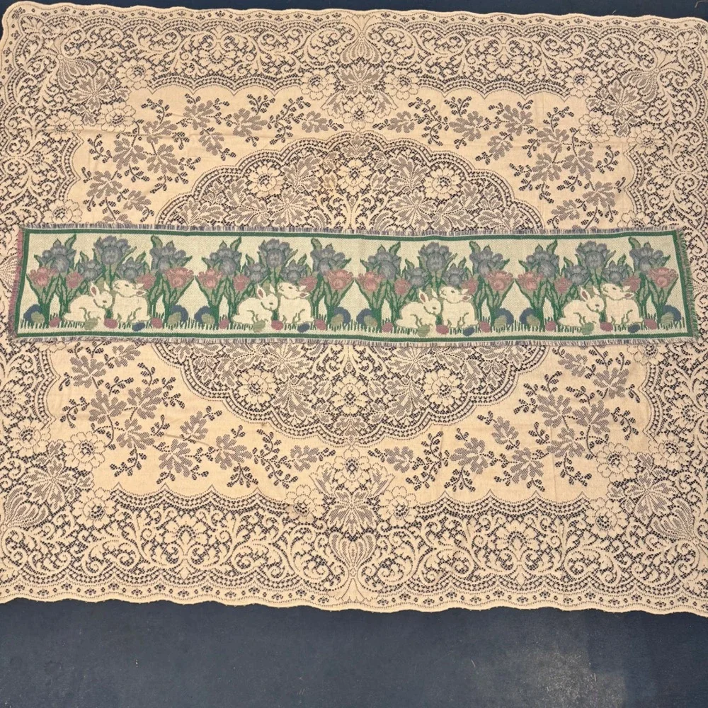 Vintage Tapestry Easter Bunny Table‎ Runner Tulips Springtime Cottagecore